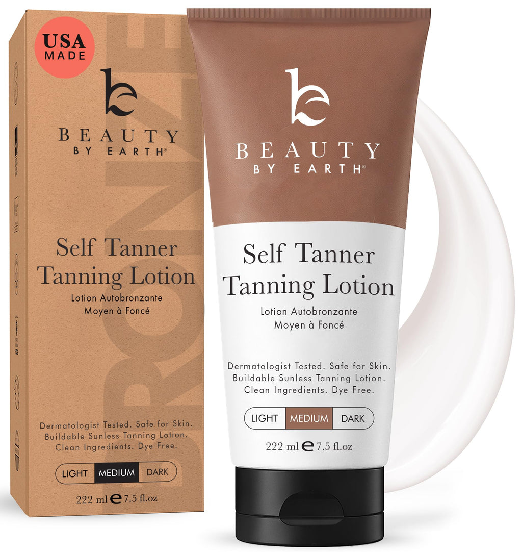 Beauty by Earth Self Tanner - USA Made with Natural & Organic Ingredients, Moisturizing Self Tanning Lotion with Aloe Vera & Coconut for a Natural Glow, Streak-Free Fake Tan (Medium) Beauty by Earth