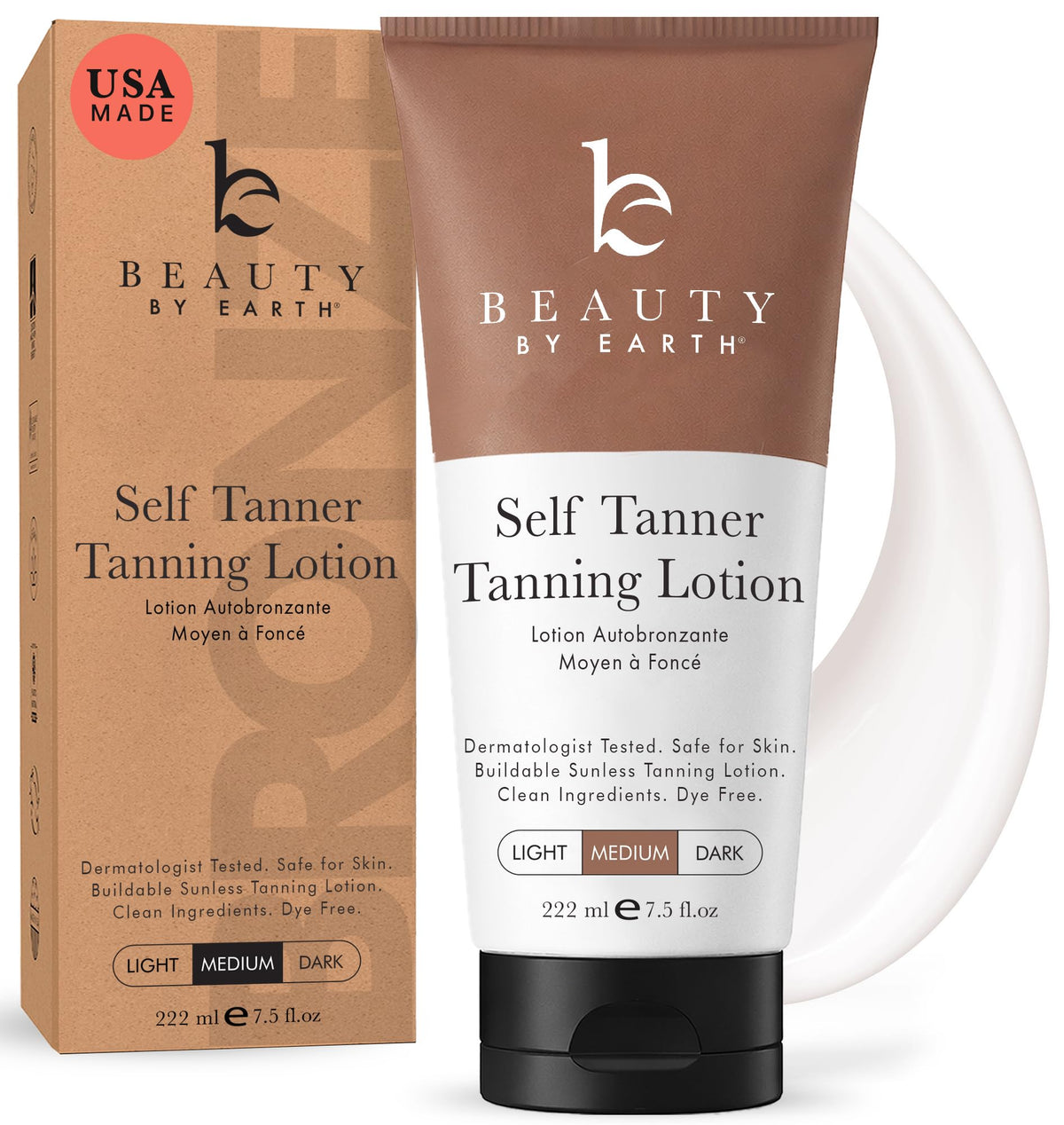 Beauty by Earth Self Tanner - USA Made with Natural & Organic Ingredients, Moisturizing Self Tanning Lotion with Aloe Vera & Coconut for a Natural Glow, Streak-Free Fake Tan (Medium) Beauty by Earth