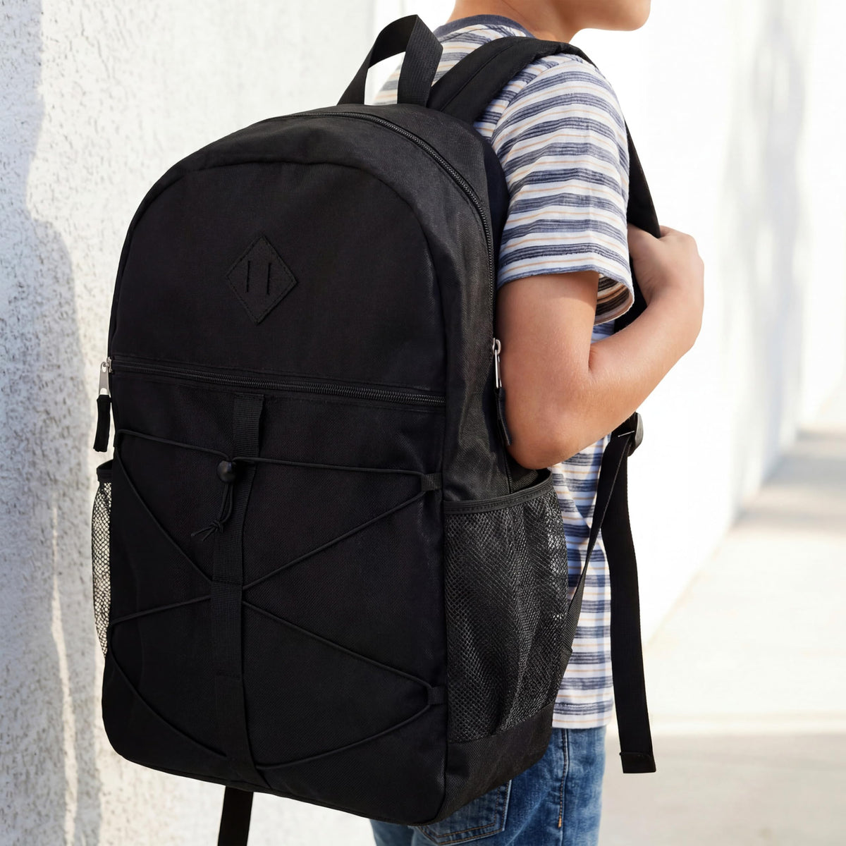 12 Pack 18" Bulk Bungee Backpacks With 52 Pc School Supplies Kit in Black Moda West