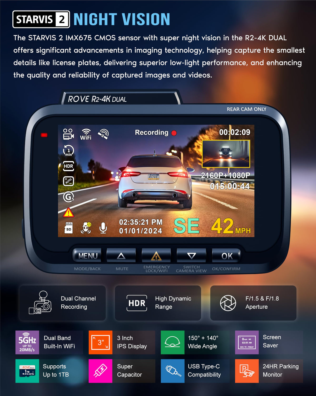 ROVE R2-4K DUAL Dash Cam Front and Rear, STARVIS 2 Sensor, FREE 128GB Card Included, 5G WiFi - up to 20MB/s Fastest Download Speed with App, 4K 2160P/FHD Dash Camera for Cars, 3" IPS, 24H Parking Mode ROVE
