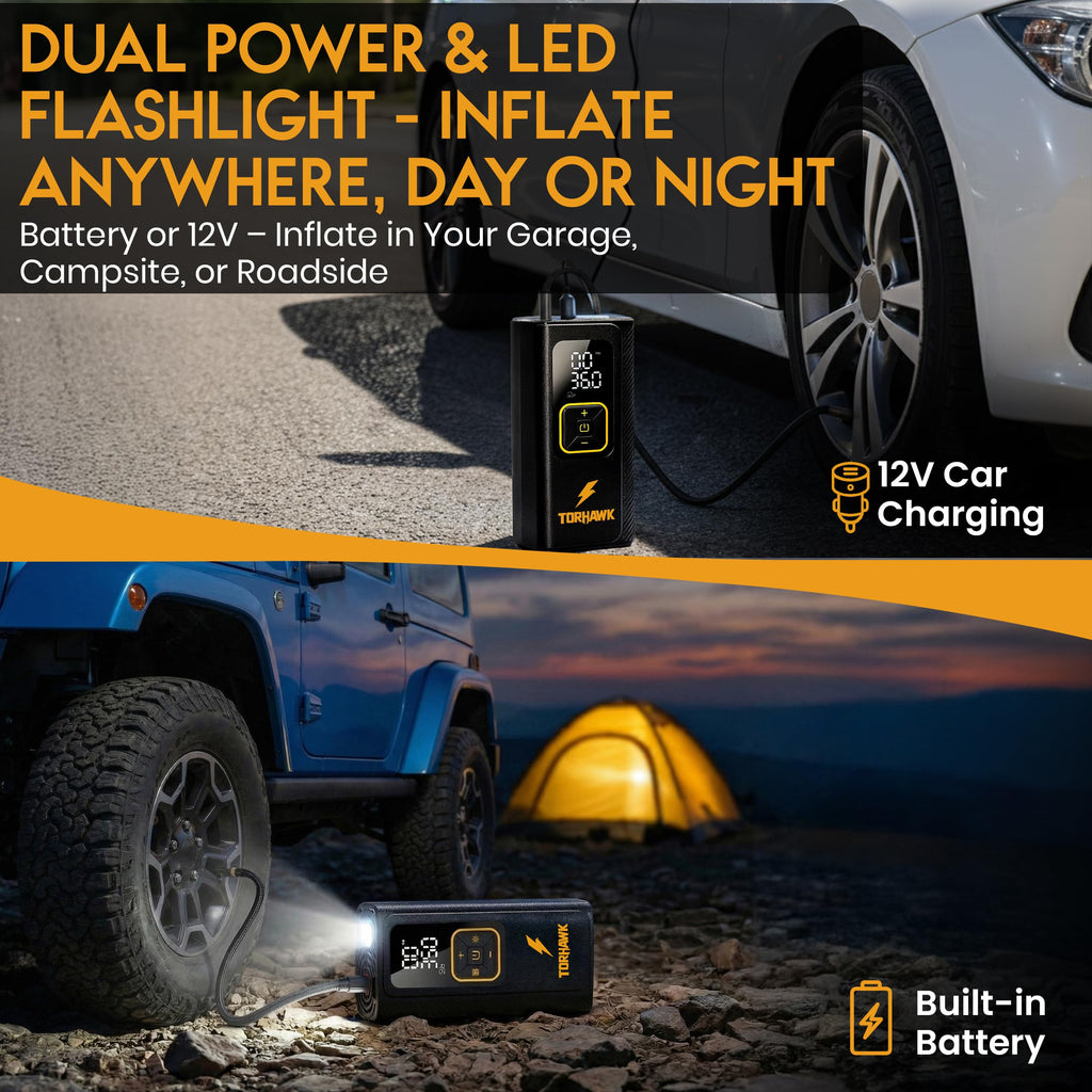 Portable Tire Inflator Air Compressor for Car Tires, Dual Cylinder, Cordless Air Pump for Car, Truck, SUV, 160 PSI, Dual Power, 7500mAh Battery, 12V DC, LED Light & Auto Shut-Off TORHAWK