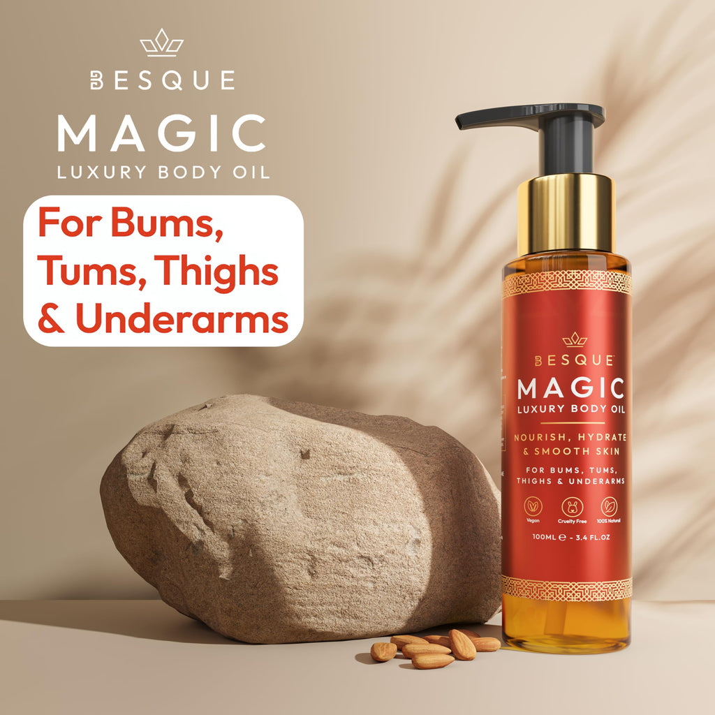 Besque Original Magic Body Oil, 3.4 FL OZ, After Shower Body Oil For Women, Hydrating Skin Care For Full Body That Plumps, Tightens, & Firms Skin With Natural Ingredients, Made In UK - Pack of 1 Besque
