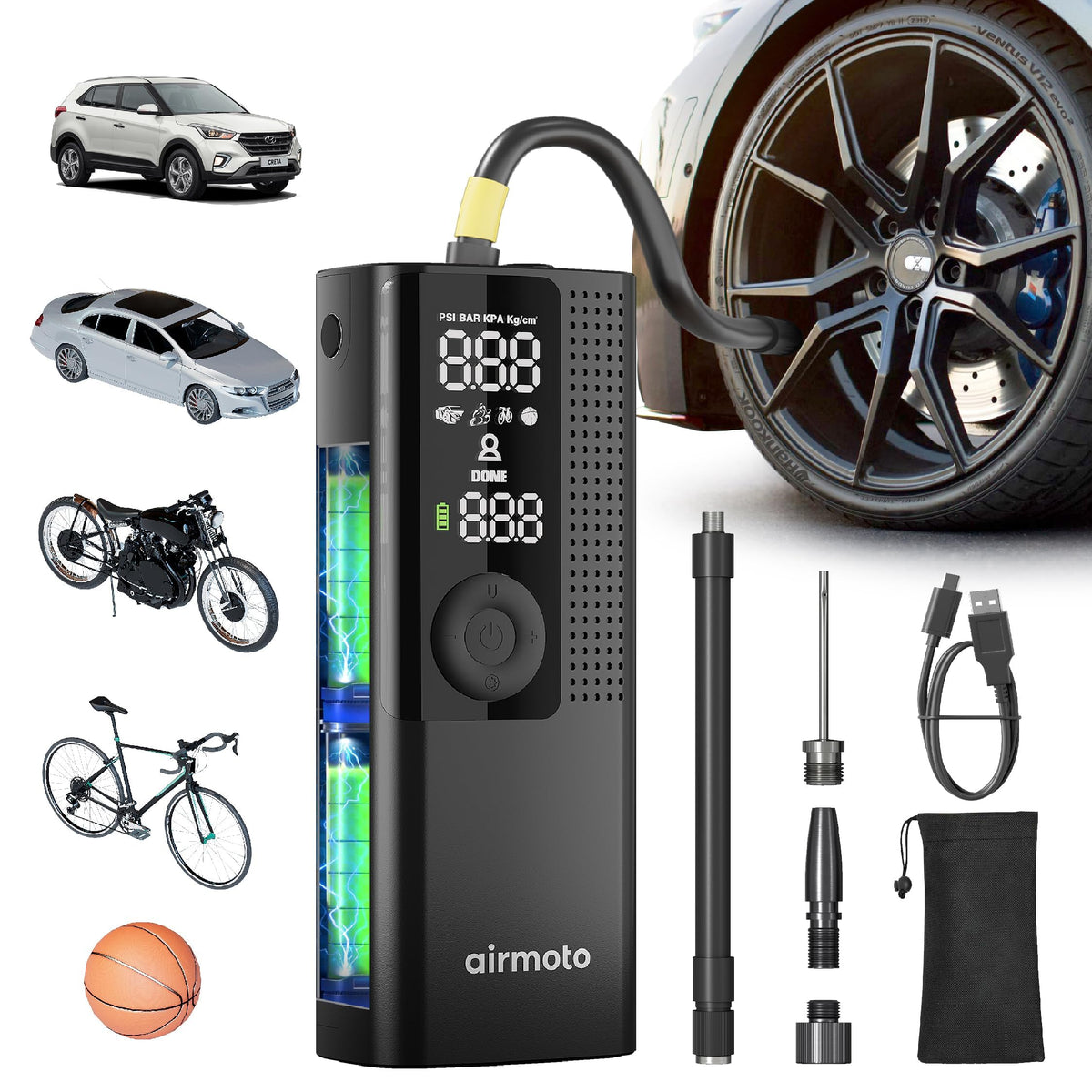 Airmoto Tire Inflator Portable Air Compressor - Air Pump For Car Tires with Digital Pressure Gauge, LED Light and Auto Shut-Off Function - Cordless Pump for Car, Motorcycle, Bicycle, Ball Airmoto