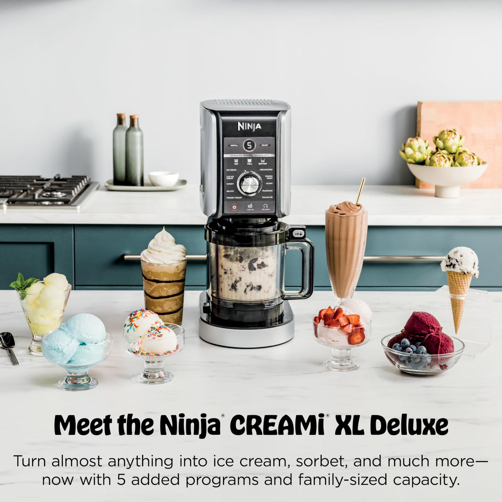 Ninja CREAMi Deluxe Ice Cream Maker | 11-in-1 Create Frozen Desserts, Sorbet, Milkshakes, Yogurt & More | Includes 2 Dishwasher Safe XL 24 Oz. Tubs with storage lids | Silver | NC501 Ninja
