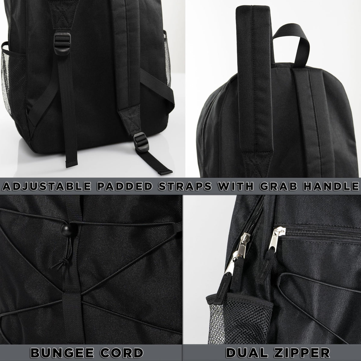 12 Pack 18" Bulk Bungee Backpacks With 52 Pc School Supplies Kit in Black Moda West