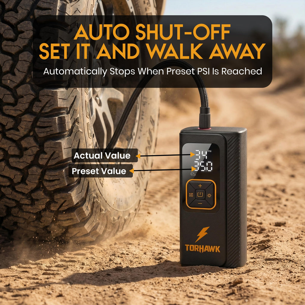 Portable Tire Inflator Air Compressor for Car Tires, Dual Cylinder, Cordless Air Pump for Car, Truck, SUV, 160 PSI, Dual Power, 7500mAh Battery, 12V DC, LED Light & Auto Shut-Off TORHAWK