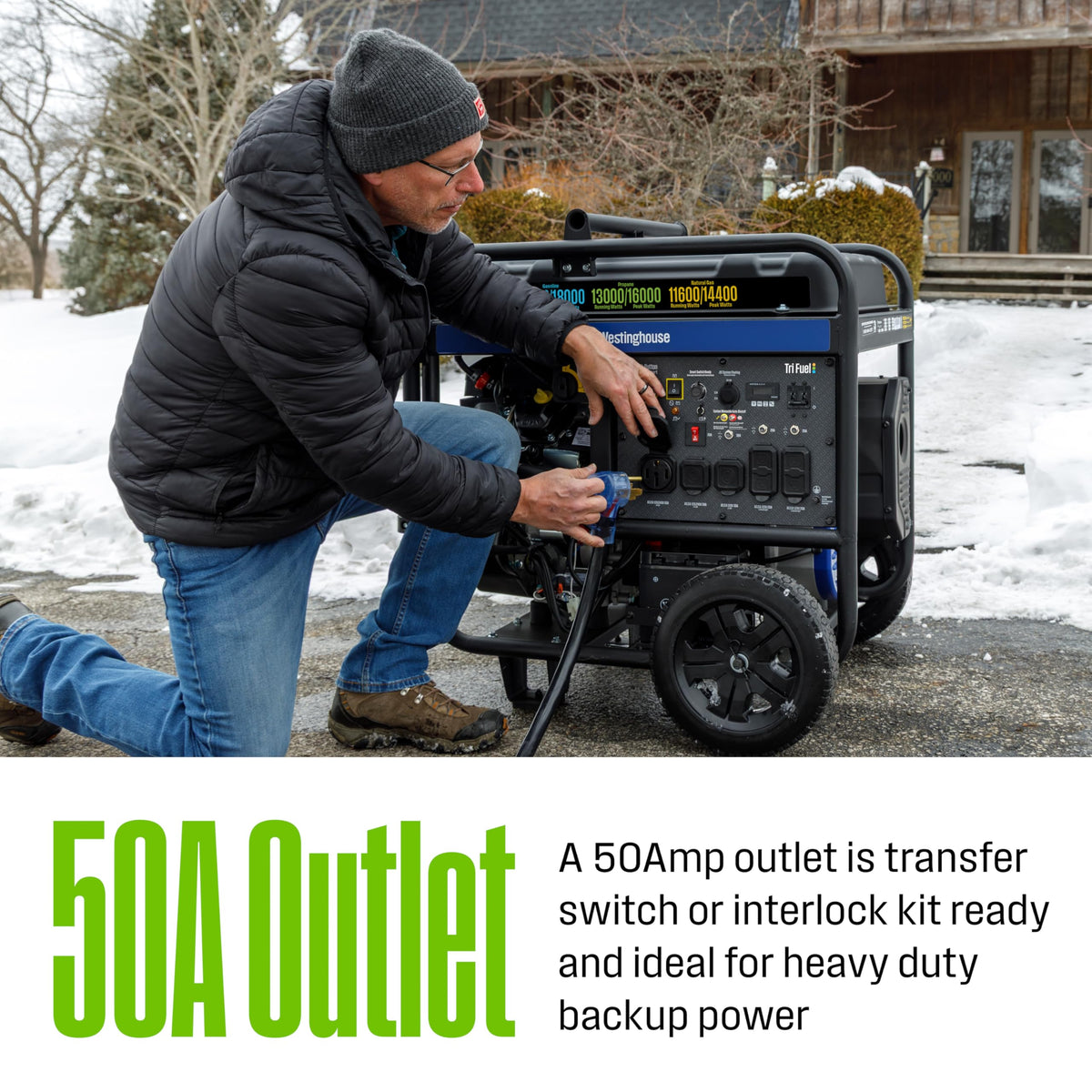 Westinghouse 18000 Peak Watt Tri-Fuel Home Backup Portable Generator, Remote Electric Start, Transfer Switch Ready, Gas, Propane, and Natural Gas Powered, CO Sensor Westinghouse