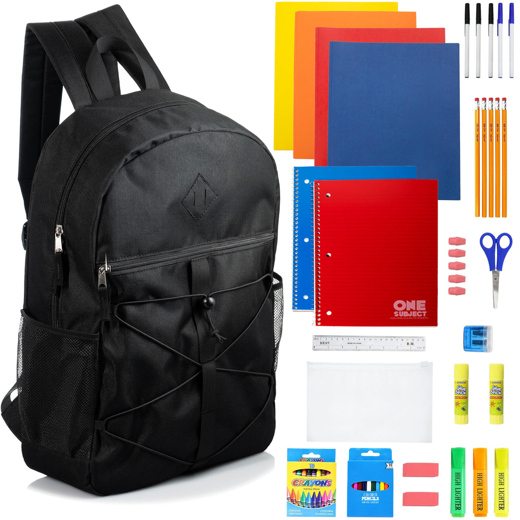 12 Pack 18" Bulk Bungee Backpacks With 52 Pc School Supplies Kit in Black Moda West