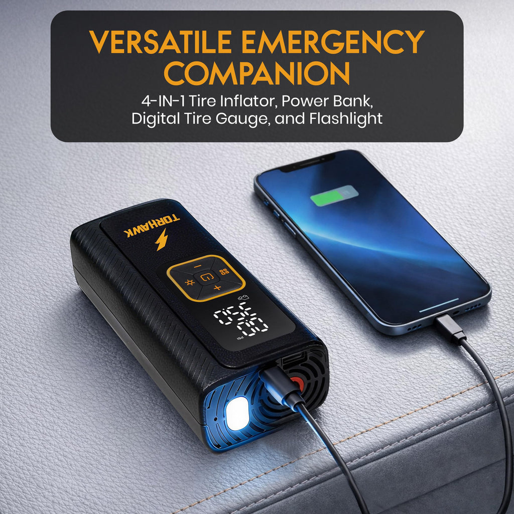 Portable Tire Inflator Air Compressor for Car Tires, Dual Cylinder, Cordless Air Pump for Car, Truck, SUV, 160 PSI, Dual Power, 7500mAh Battery, 12V DC, LED Light & Auto Shut-Off TORHAWK