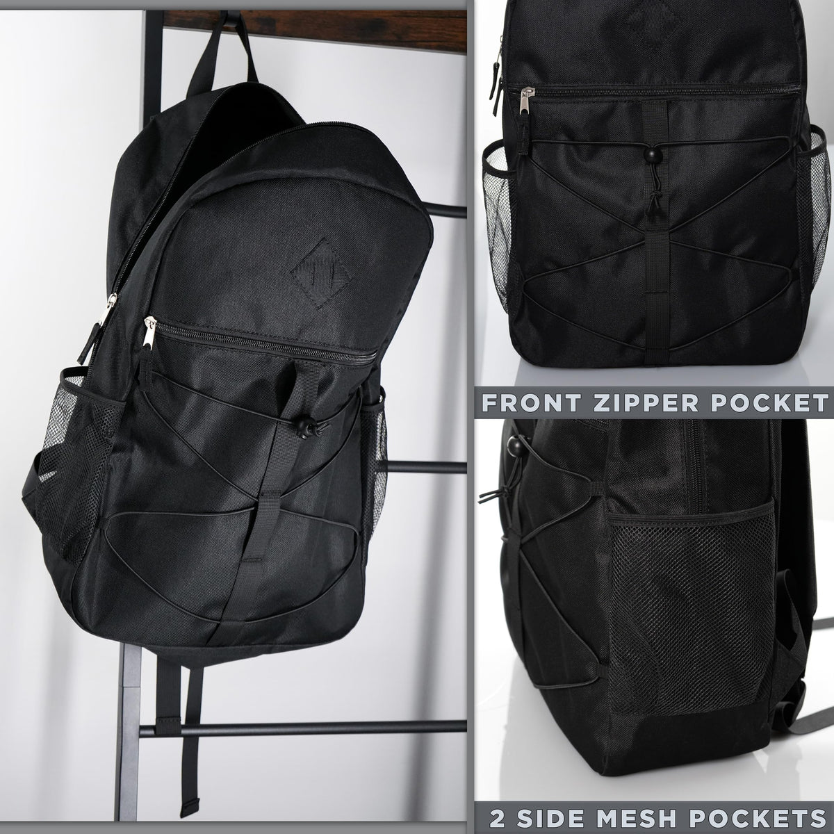 12 Pack 18" Bulk Bungee Backpacks With 52 Pc School Supplies Kit in Black Moda West